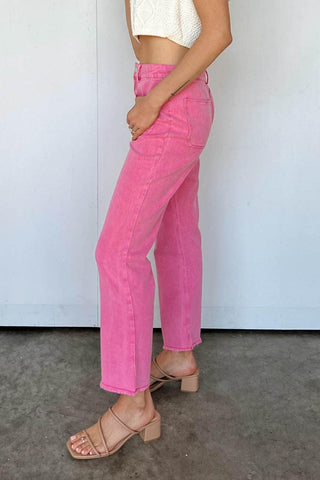 Pink Raw Hem Light Wash Flare Mid Rise Pants - Rebel Chics