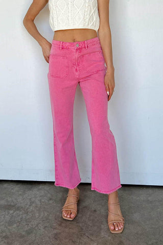 Pink Raw Hem Light Wash Flare Mid Rise Pants - Rebel Chics