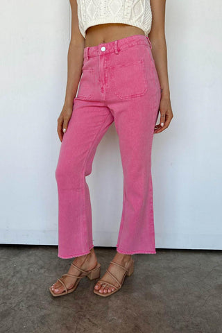 Pink Raw Hem Light Wash Flare Mid Rise Pants - Rebel Chics