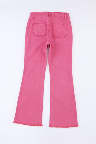 Pink Raw Hem Light Wash Flare Mid Rise Pants - Rebel Chics