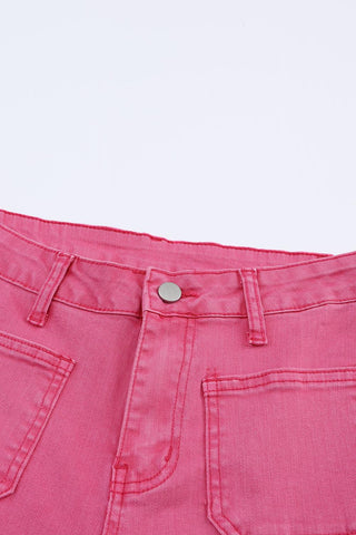 Pink Raw Hem Light Wash Flare Mid Rise Pants - Rebel Chics