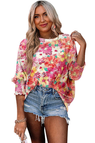 Pink Shirred Cuffs 3/4 Sleeve Boho Floral Blouse - Rebel Chics