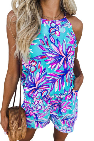 Purple Marine Plants Printed Sleeveless Halter Neck Short Romper - Rebel Chics