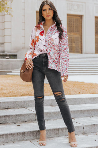 Red Bohemian Floral Pockets Patchwork Button Up Shirt - Rebel Chics