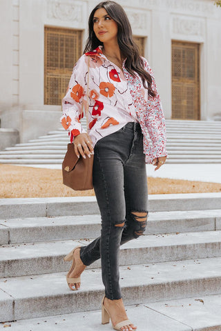 Red Bohemian Floral Pockets Patchwork Button Up Shirt - Rebel Chics