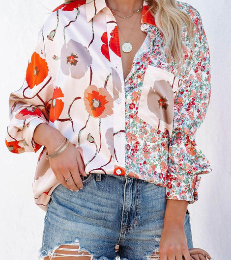 Red Bohemian Floral Pockets Patchwork Button Up Shirt - Rebel Chics