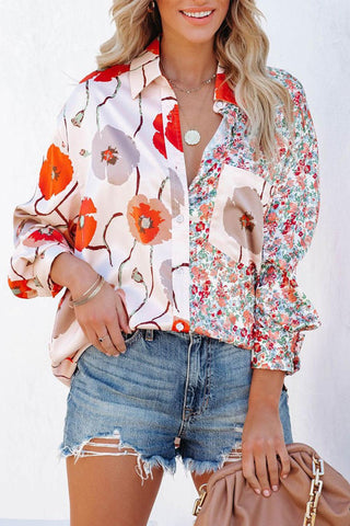 Red Bohemian Floral Pockets Patchwork Button Up Shirt - Rebel Chics