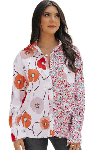 Red Bohemian Floral Pockets Patchwork Button Up Shirt - Rebel Chics