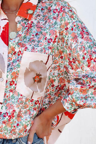 Red Bohemian Floral Pockets Patchwork Button Up Shirt - Rebel Chics