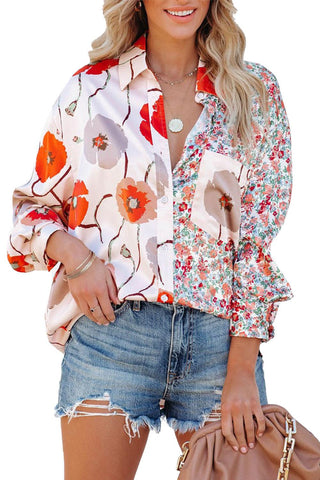 Red Bohemian Floral Pockets Patchwork Button Up Shirt - Rebel Chics