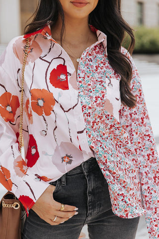 Red Bohemian Floral Pockets Patchwork Button Up Shirt - Rebel Chics