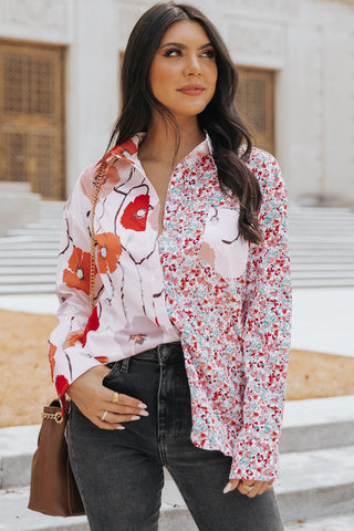 Red Bohemian Floral Pockets Patchwork Button Up Shirt - Rebel Chics