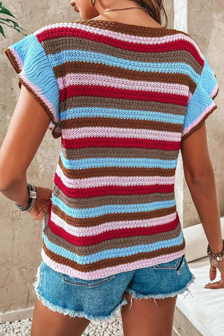 Ruffled Striped V-Neck Cap Sleeve Knit Top - Rebel Chics