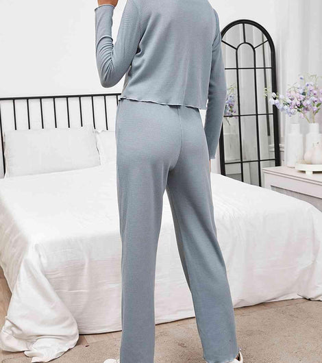 Button Front Long Sleeve Top and Pants Lounge Set - Rebel Chics