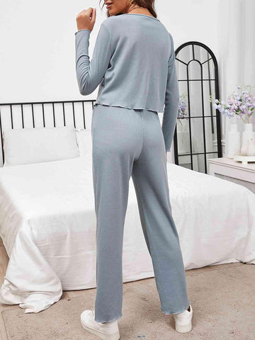 Button Front Long Sleeve Top and Pants Lounge Set - Rebel Chics