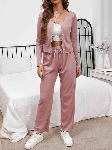 Button Front Long Sleeve Top and Pants Lounge Set - Rebel Chics