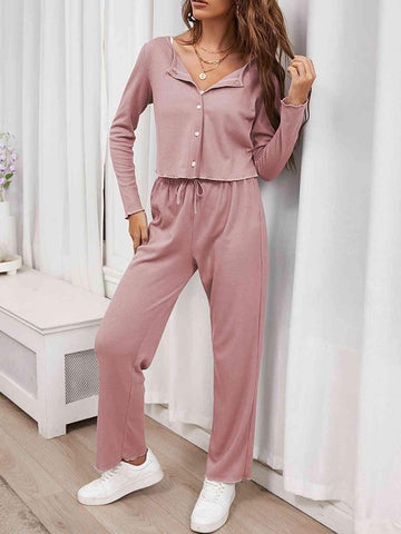 Button Front Long Sleeve Top and Pants Lounge Set - Rebel Chics