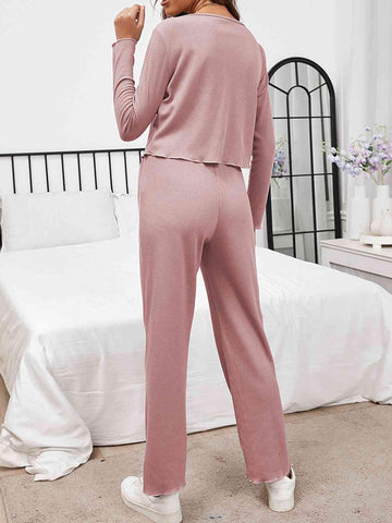 Button Front Long Sleeve Top and Pants Lounge Set - Rebel Chics