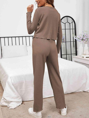 Button Front Long Sleeve Top and Pants Lounge Set - Rebel Chics