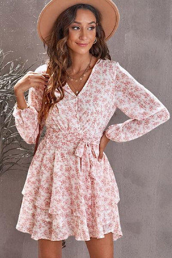 Floral Surplice Balloon Sleeve Layered Dress - Rebel Chics