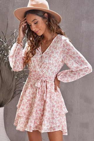 Floral Surplice Balloon Sleeve Layered Dress - Rebel Chics