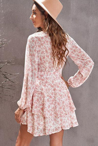 Floral Surplice Balloon Sleeve Layered Dress - Rebel Chics