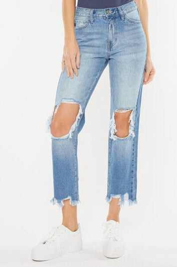 Kancan High Waist Chewed Up Straight Mom Jeans - Rebel Chics