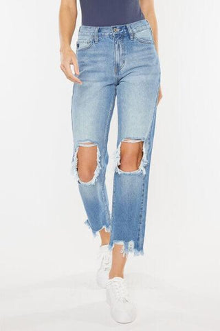 Kancan High Waist Chewed Up Straight Mom Jeans - Rebel Chics