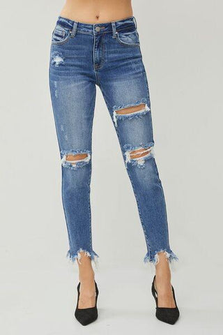 RISEN Distressed Frayed Hem Slim Jeans - Rebel Chics