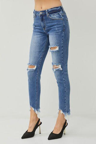 RISEN Distressed Frayed Hem Slim Jeans - Rebel Chics