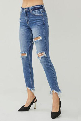 RISEN Distressed Frayed Hem Slim Jeans - Rebel Chics