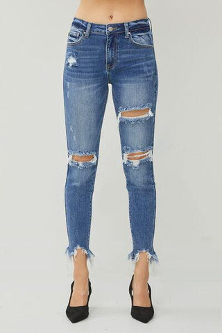 RISEN Distressed Frayed Hem Slim Jeans - Rebel Chics