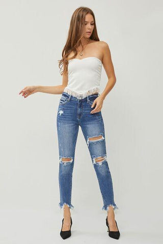 RISEN Distressed Frayed Hem Slim Jeans - Rebel Chics