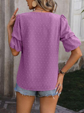 Swiss Dot V-Neck Short Sleeve Blouse - Rebel Chics