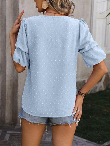 Swiss Dot V-Neck Short Sleeve Blouse - Rebel Chics