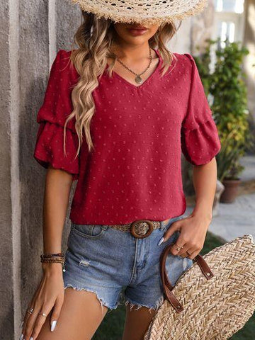 Swiss Dot V-Neck Short Sleeve Blouse - Rebel Chics