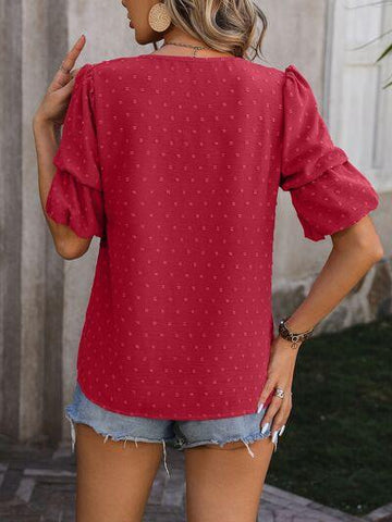 Swiss Dot V-Neck Short Sleeve Blouse - Rebel Chics