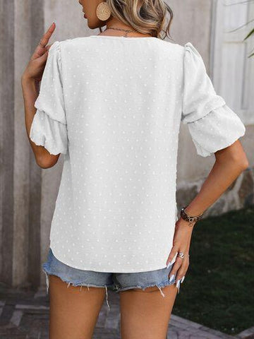 Swiss Dot V-Neck Short Sleeve Blouse - Rebel Chics