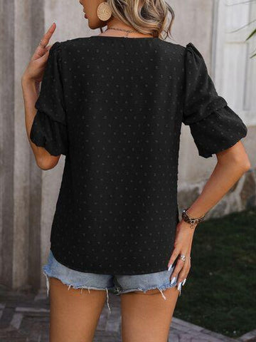 Swiss Dot V-Neck Short Sleeve Blouse - Rebel Chics