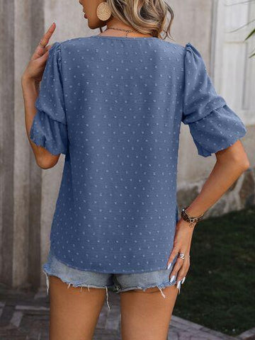 Swiss Dot V-Neck Short Sleeve Blouse - Rebel Chics