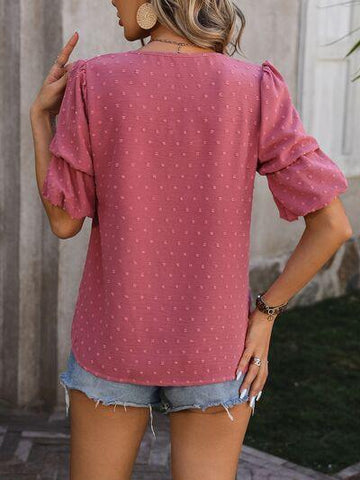 Swiss Dot V-Neck Short Sleeve Blouse - Rebel Chics