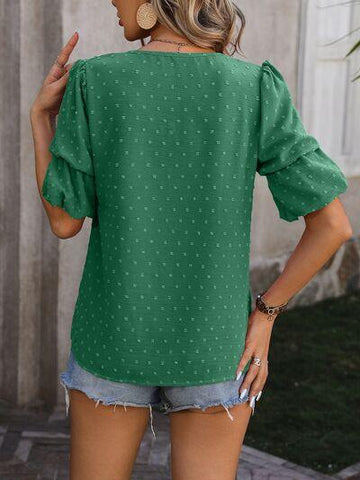 Swiss Dot V-Neck Short Sleeve Blouse - Rebel Chics